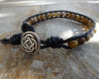 Men's 6mm Picture Jasper Gemstone Bead Single Wrap Beaded Bracelet with Black Leather and an Irish Celtic Knot Button