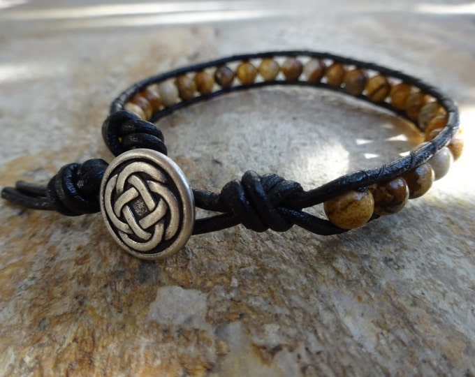 Men's 6mm Picture Jasper Gemstone Bead Single Wrap Beaded Bracelet with Black Leather and an Irish Celtic Knot Button