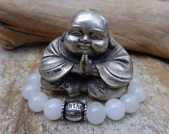 Women's 10mm White Quartz Gemstone Stretch Bead Meditation Bracelet with "LIVE In The MOMENT" Silver Charm Bead