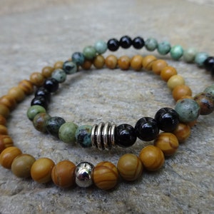 Set of 2 6mm African Turquoise & Wood Jasper Gemstone Stretch beaded Stacking Bracelet With a Silver Bead image 1