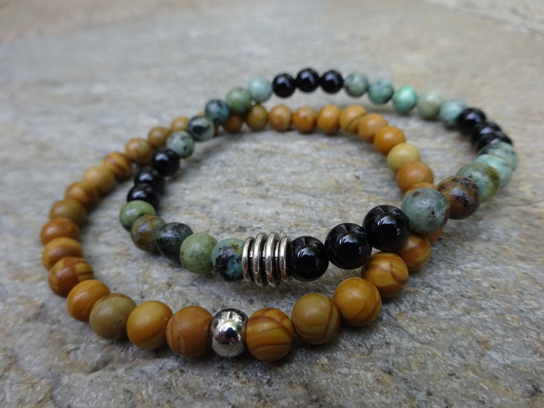 Set of 2 6mm African Turquoise & Wood Jasper Gemstone Stretch beaded Stacking Bracelet With a Silver Bead image 1