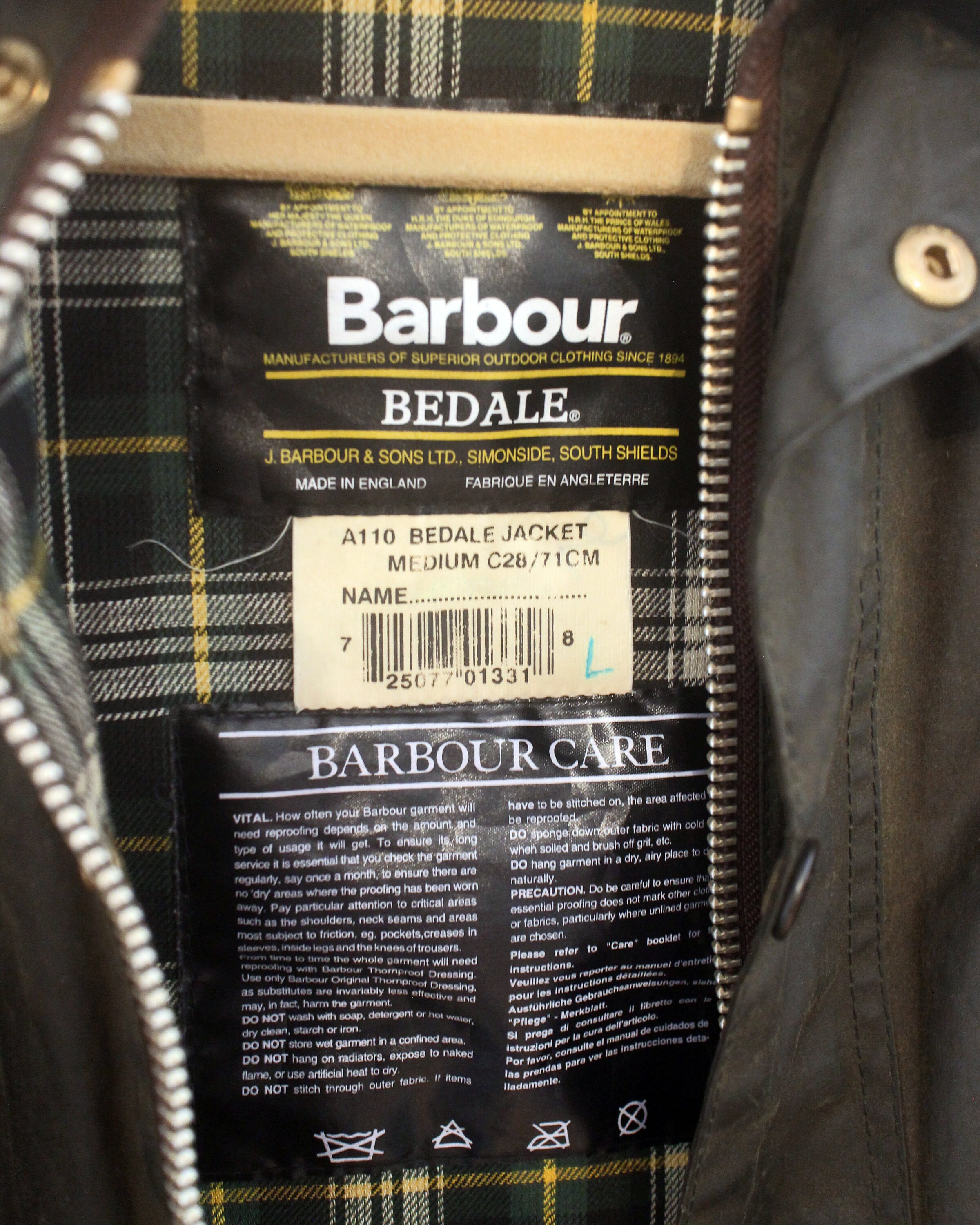 Vintage Barbour A110 Bedale Waxed Canvas Chore Jacket Made in