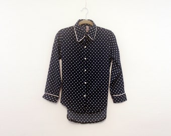 Vintage 1970s 70's Polly Collections Polka Dot Navy Blue Collar Long Sleeve Shirt Blouse / Women's XS X-Small