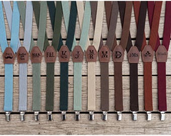 Personalized Suspenders in 12 Colors - Custom Engraved Leather - Baby Blue, Sage, Terracotta, Brown - Wedding Groomsmen & Kids Sizes Set