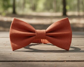 Handmade Burnt Orange Linen Bow tie : Rustic Wedding Tie