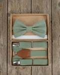 Eucalyptus Green Suspenders and Linen Bow Tie Set for Toddlers, Kids, Teens and Adults - Groomsmen Gift - Ring Bearer Outfit - Sage Green product logo