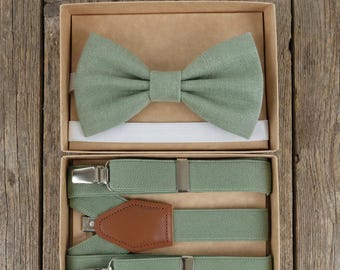 Eukalyptus Grüne Hosenträger und Leinen Fliege Set für Kleinkinder, Kinder, Jugendliche und Erwachsene - Trauzeugen Geschenk - Ringträger Outfit - Salbei Grün