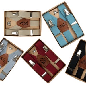 Gepersonaliseerde elastische bretels: gegraveerde leren patch, trouwbretels