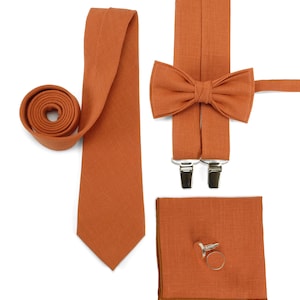 Burnt orange necktie. Orange color linen bow tie.Wedding necktie, linen necktie, groomsmen necktie,necktie, cufflinks, handkerchief