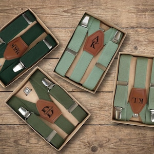 Bretelles vertes gravées personnalisées pour homme et garçon, Bretelles en cuir personnalisées, Bretelles élastiques vert forêt sauge olive sauge,