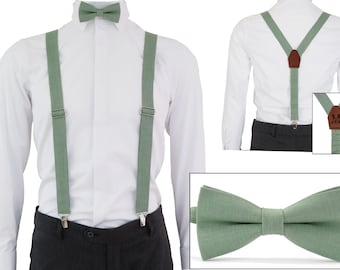 Linen suspenders.Bright sage green bow tie.Light green bow tie.Light green necktie, Sage green necktie .