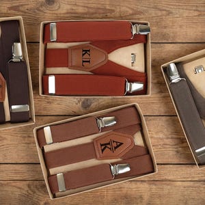 Tirantes personalizados grabados para hombres y niños, color marrón chocolate, terracota, café. Tirantes elásticos. Regalo para padrinos de boda.