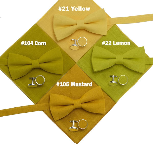 Bow ties in colors Mustard, Corn, Lemon, and Yellow. We also offer neckties, suspenders, and handkerchiefs.Krawatten, Hosenträger , Fliege.