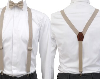 Beige Suspenders .Personalized suspenders.Engraved braces .Elastic-linen braces.Custom suspenders.Boys suspenders.Beige  bow tie.Sand color.