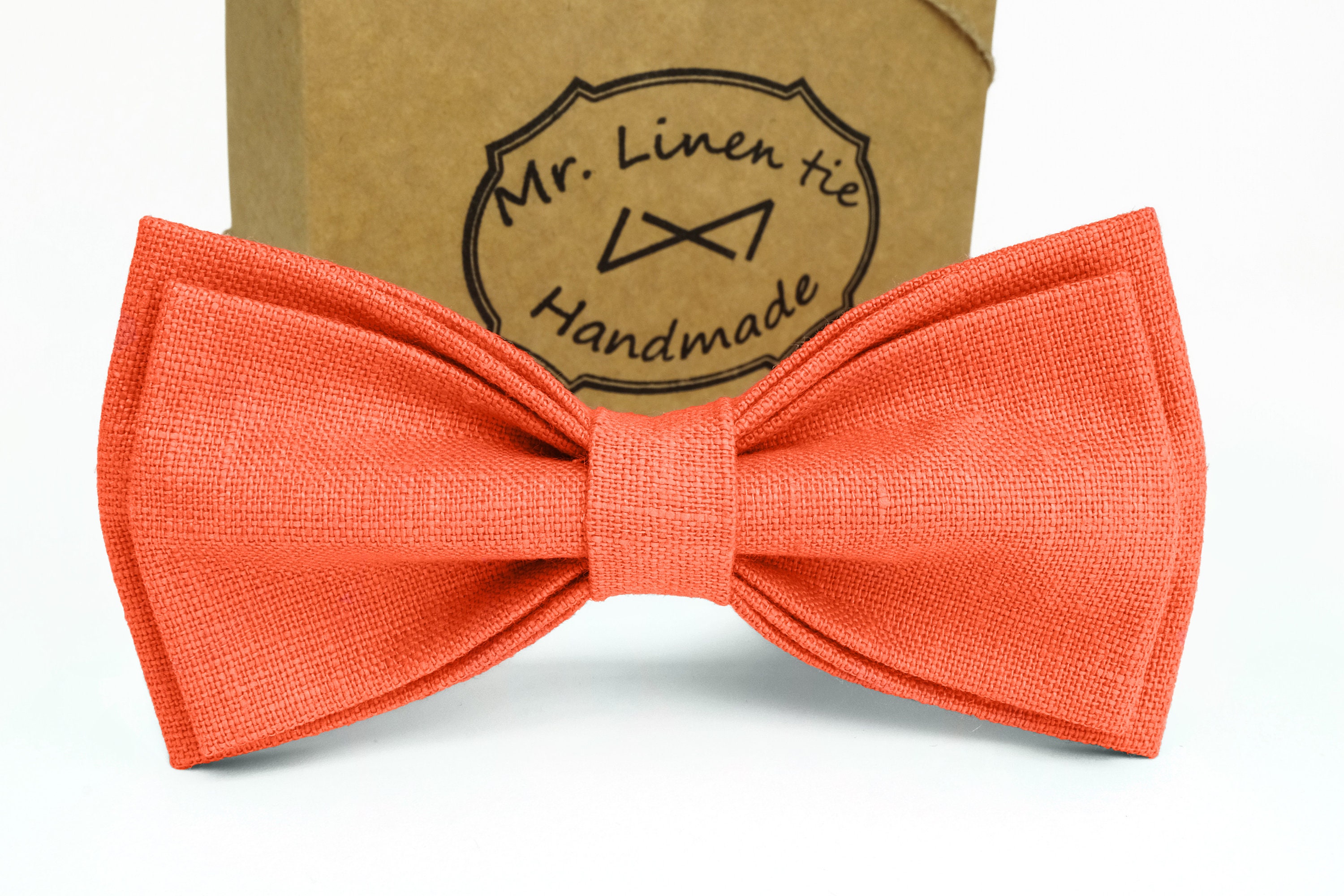 sand bow tie for men wedding necktie Bright salmon color,bow tie linen neck...