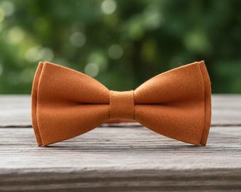Burnt Orange Linen Necktie & Bow Tie Set - Handmade Wedding Groomsmen