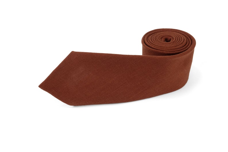 Op de afbeelding: Een opgerolde, bruine stropdas met een puntige punt. Gemaakt van een textuurstof, gepresenteerd tegen een witte achtergrond. Een klassiek accessoire voor formele of zakelijke kleding. De stropdas heeft een rijke, aardse tint.