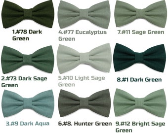 May include: Nine different colours of bow ties, including dark green, sage green, eucalyptus green, hunter green, and dark aqua. Each bow tie is made of a textured fabric.