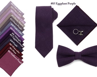 Nœud papillon couleur aubergine et une collection de 13 nuances de cravates, nœuds papillon, boutons de manchette et mouchoirs violets.