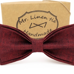 Red bow tie, red linen bow tie, wedding necktie, linen necktie, groomsmen necktie,  burgundy necktie,red  bow tie for men,red tie