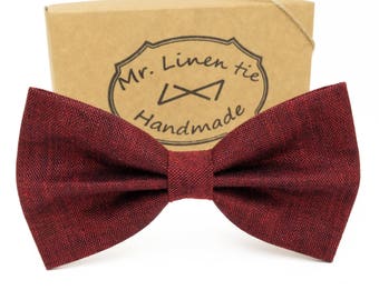 Red bow tie, red linen bow tie, wedding necktie, linen necktie, groomsmen necktie,  burgundy necktie,red  bow tie for men,red tie