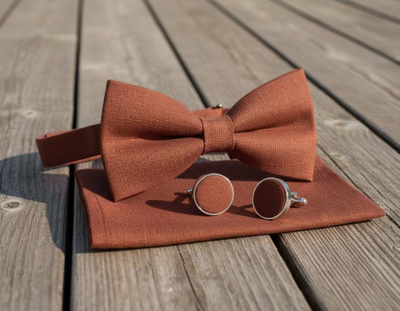 Rust Linen Wedding Bow Tie, Suspenders, Necktie