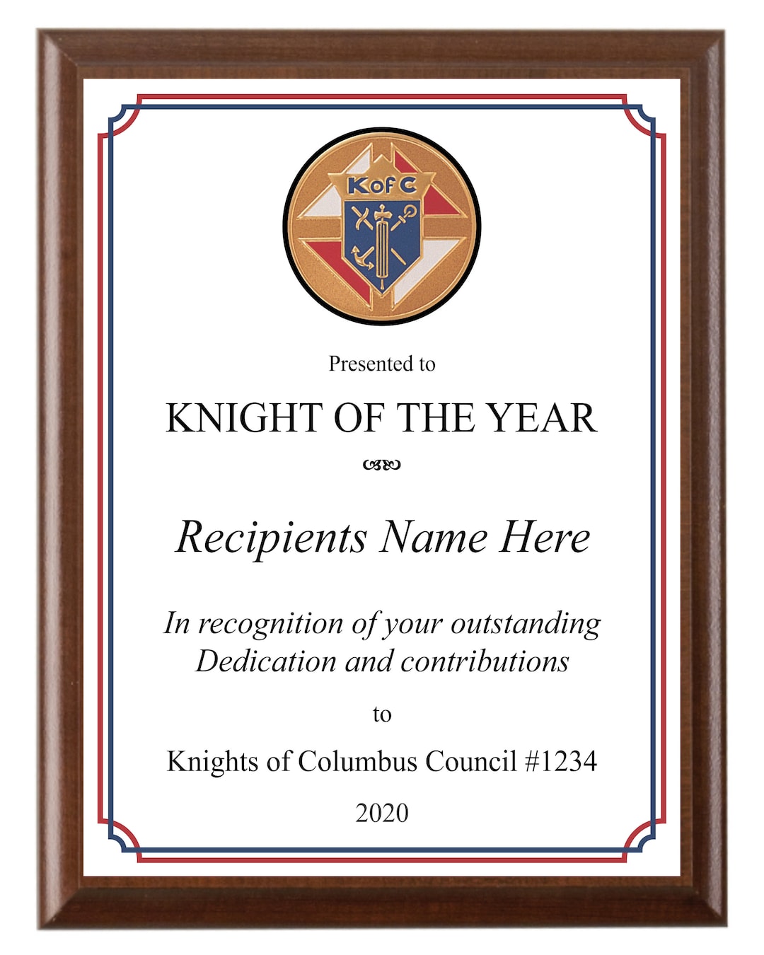 Custom Personalized Knights of Columbus Knight of the Year Plaque Nice