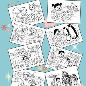 May include: A collection of 50 coloring pages featuring various animals and children. The pages are black and white line drawings, perfect for coloring. The title "50 COLORING PAGES" is displayed at the top.