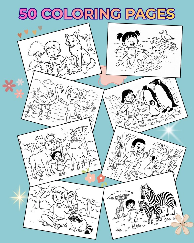 May include: A collection of 50 coloring pages featuring various animals and children. The pages are black and white line drawings, perfect for coloring. The title "50 COLORING PAGES" is displayed at the top.