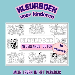 May include: A children's coloring book with the text "Kleurboek voor kinderen" in a pink and purple banner. The book features black and white illustrations of animals and children, with the text "Nederlands Dutch" and "50 pagina's".
