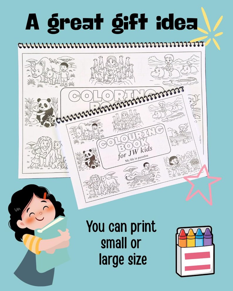 May include: Two spiral-bound coloring books with black and white illustrations of animals and children. The text "COLORING BOOK" and "COLOURING BOOK for JW kids" are visible. The image also includes the text "A great gift idea" and "You can print small or large size".