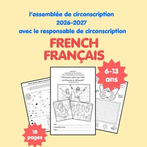 Op de afbeelding: Een activiteitenboekje van 18 pagina's voor kinderen van 6-13 jaar, met zwart-wit illustraties, woordzoekers en punt-tot-punt puzzels. De tekst op de omslag luidt: l'assemblée de circonscription 2026-2027.