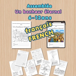 Peut inclure: Plusieurs documents imprimés et une tablette affichant le texte "Un bonheur éternel". L'image comprend un cahier, des feuilles d'activités et une tablette, tous avec des thèmes et des illustrations religieuses.