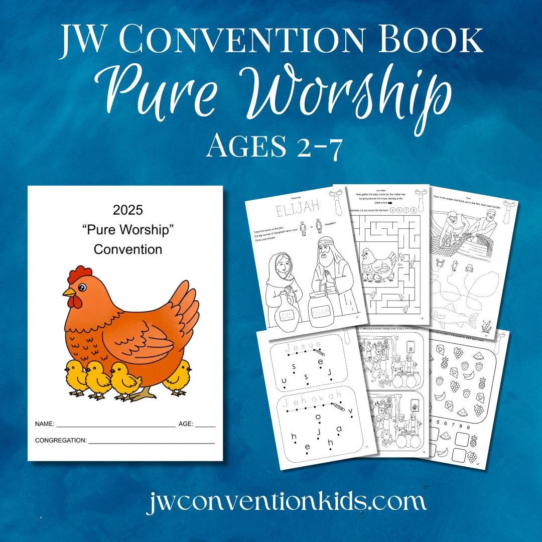 2-7yo Pure Worship 2025 Englisch JW Convention Aktivitätenbuch druckbarer PDF-Download für Kinder