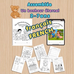 Peut inclure: Ensemble de feuilles d'activités pour enfants et une tablette affichant une page à colorier. Le texte sur la tablette et les feuilles indique "Un bonheur éternel" et "Assemblée régionale des Témoins de Jéhovah 2026". Un ours en peluche est également présent.