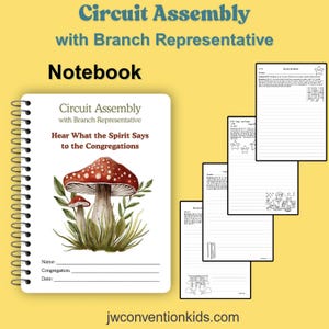 May include: A spiral-bound notebook with the text "Circuit Assembly with Branch Representative" and "Hear What the Spirit Says to the Congregations." The cover features a mushroom illustration. Several lined pages are visible, along with the website address jwconventionkids.com.