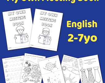 May include: A collection of children's activity pages with the title "My Own Meeting Book" in yellow text on a blue background. The pages include coloring and tracing activities, and the text "English 2-7yo".