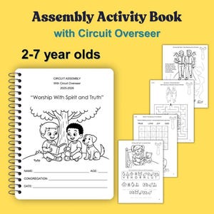 以下が含まれることがあります： 巡回監督者付きの集会活動ブック、対象年齢2～7歳。表紙には、木の下で本を読む2人の子供と犬の白黒イラストが描かれています。線画の追加ページも表示されています。