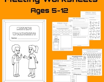 Op de afbeelding: Een oranje achtergrond met de tekst "Meeting Worksheets Ages 5-12". De afbeelding toont een werkboekcover met twee kinderen en de woorden "Meeting Worksheets" en verschillende werkbladen met invulsecties.