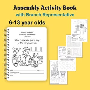 Può includere: Un libro di attività rilegato a spirale intitolato "Assembly Activity Book with Branch Representative" per bambini dai 6 ai 13 anni. La copertina presenta un'illustrazione in bianco e nero di una persona e un gatto. Sono visibili pagine aggiuntive con giochi.