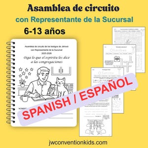 Könnte beinhalten: Ein spiralgebundenes Notizbuch mit einer Schwarz-Weiß-Illustration eines Mannes, einer Katze und Text auf Spanisch. Das Notizbuch wird von mehreren Arbeitsblättern begleitet, alle auf gelbem Hintergrund. Der Text auf dem Notizbuch lautet "Asamblea de circuito" und "6-13 años".