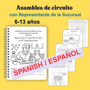 Puede incluir: Un cuaderno de actividades con espiral, con un dibujo de un hombre y un gato, con texto en español. También se ven varias hojas de actividades con rompecabezas y páginas para colorear. El título "Asamblea de circuito" se muestra en grande.