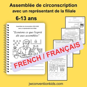 Puede incluir: Un cuaderno de actividades con espiral con el texto "Écoutons ce que l'esprit dit aux assemblées" e ilustraciones de una persona, un gato y una taza de café. Se ven páginas adicionales con rompecabezas y texto. También está presente el texto "FRENCH / FRANÇAIS".