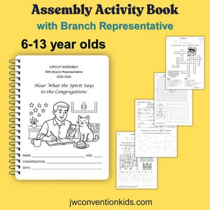 Op de afbeelding: Een activiteitenboek voor kinderen van 6-13 jaar, met de tekst "Assembly Activity Book with Branch Representative". De omslag bevat een tekening van een persoon, een kat en de tekst "Hear What the Spirit Says to the Congregations."