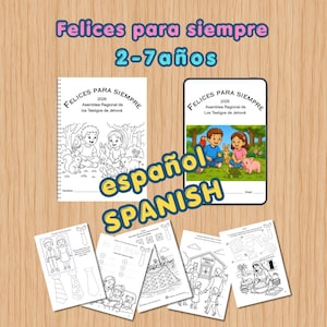 Puede incluir: Un conjunto de hojas de actividades infantiles y un folleto con el texto "Felices para siempre 2-7 años" y "español SPANISH". Las hojas presentan dibujos lineales para colorear, con imágenes de personas, animales y escenas.