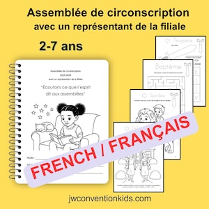 Könnte beinhalten: Ein spiralgebundenes Aktivitätsbuch mit einer Schwarz-Weiß-Illustration eines lesenden Mädchens, einer Katze und Sternen. Der Text lautet "Assemblée de circonscription" und "2-7 ans". Mehrere andere Arbeitsblätter sind sichtbar.