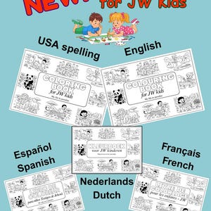 May include: A promotional image for a children's coloring book. The image features the text "NEW! Coloring Book for JW Kids" and includes illustrations of children and animals. The book is available in multiple languages, including English and Spanish.