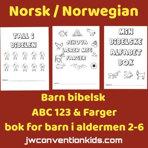 Norwegian  Barn  Bibelsk ABC 123 & FARGER arbeidsark/-bok for barn i alderen 2-6