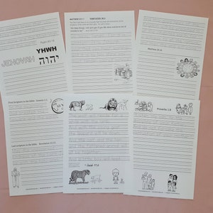 Puede incluir: Hojas de trabajo imprimibles en blanco y negro con papel rayado e ilustraciones de animales, personas y un globo terráqueo. Las hojas de trabajo incluyen las palabras "Jehovah", "YWHW", "Génesis 1:1", "Apocalipsis 22:21", "Mateo 24:24", "Proverbios 1:8" e "Isaías 11:6".