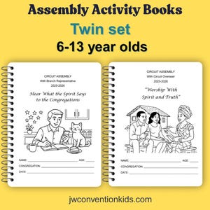 Puede incluir: Juego doble de libros de actividades para niños de 6 a 13 años. Las portadas presentan dibujos lineales con el texto "Assembly Activity Books", "Hear What the Spirit Says to the Congregations" y "Worship With Spirit and Truth". Incluye espacio para nombre, congregación y fecha.